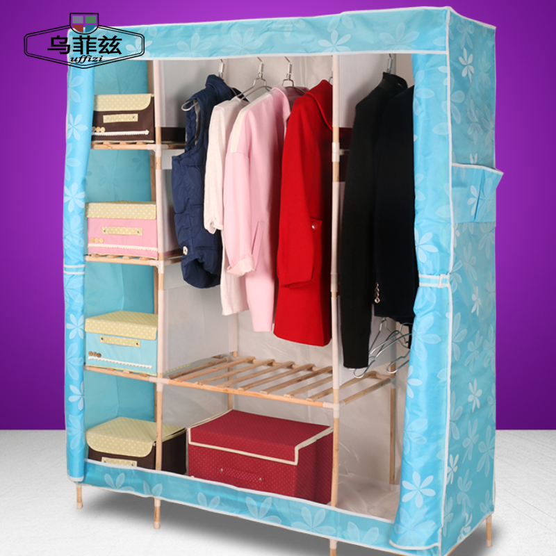 简易布艺实木衣柜双人牛津布折叠加固组装欧式衣橱木质韩式布衣柜