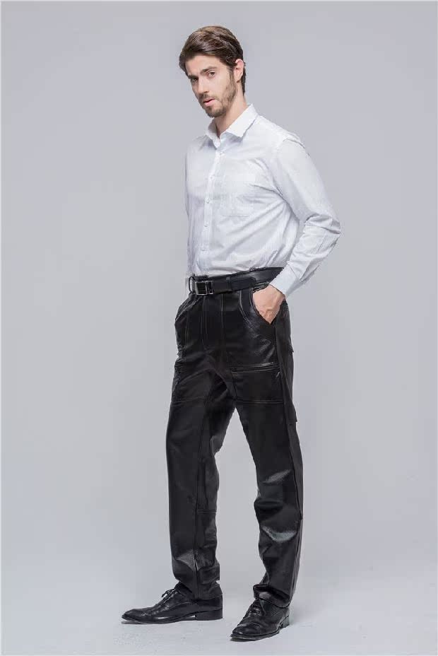2015新款男士加厚防风机车牛皮真皮皮裤可加棉加大码直筒裤时尚款