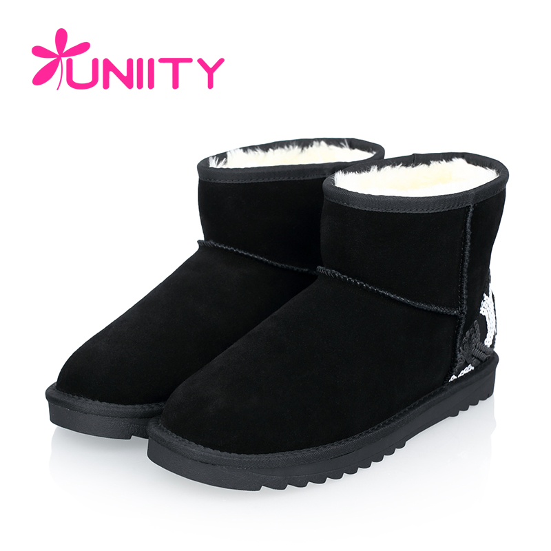UNIITY冬季雪地靴新品套脚加绒加厚短靴 女靴平底靴 保暖防滑靴子
