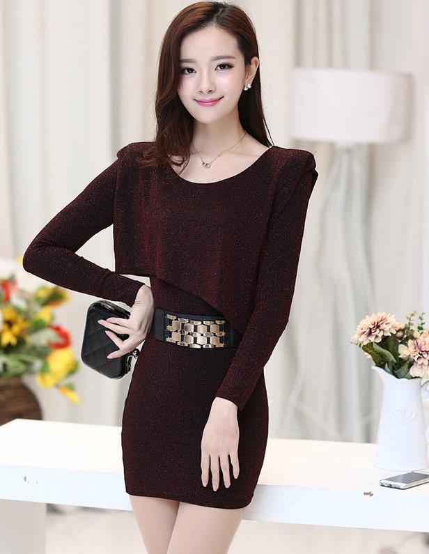 2015新款连衣裙韩版气质修身遮肚显瘦针织包臀裙送腰带