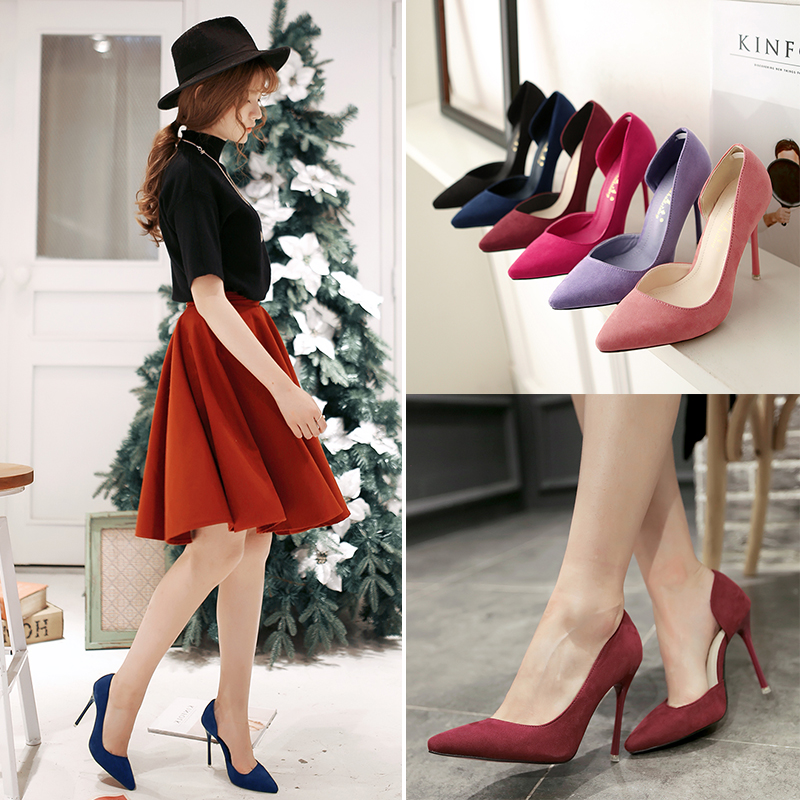 新版女鞋韩版时尚细跟高跟鞋绒面显瘦浅口尖头明星同款侧镂空单鞋