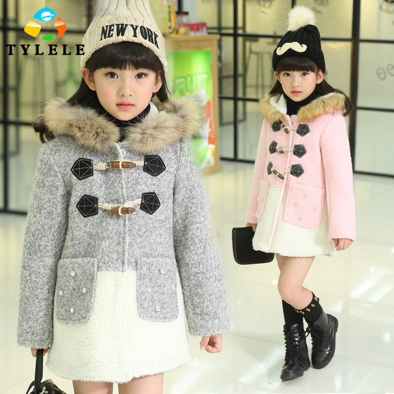 2015冬季新品 韩版甜美可爱牛角扣羊毛呢大衣女童外套