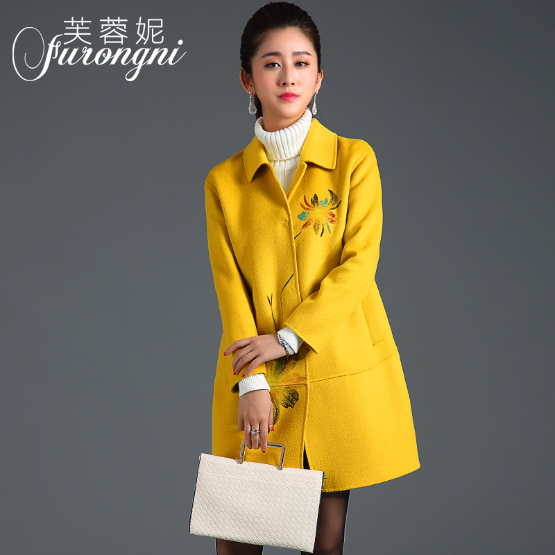 中青年女装 2015秋冬新款黄色印花毛呢外套中长款双面羊绒大衣