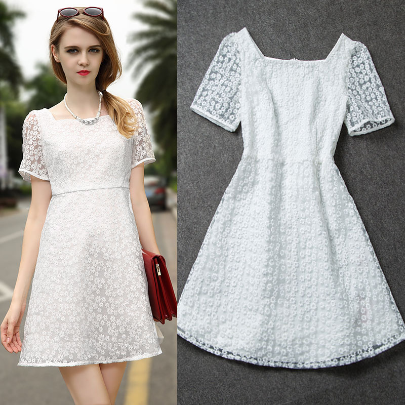 2015夏装气质短袖A字裙欧根纱绣花蕾丝修身显瘦白色中长款连衣裙