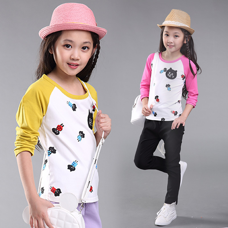 女童打底衫2015秋季韩版中大女童猫咪纯棉T恤长袖儿童圆领上衣潮