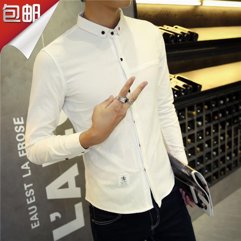 2016春夏新款男士棉麻衬衫韩版修身长袖亚麻布衬衣个性衬衫扣男装