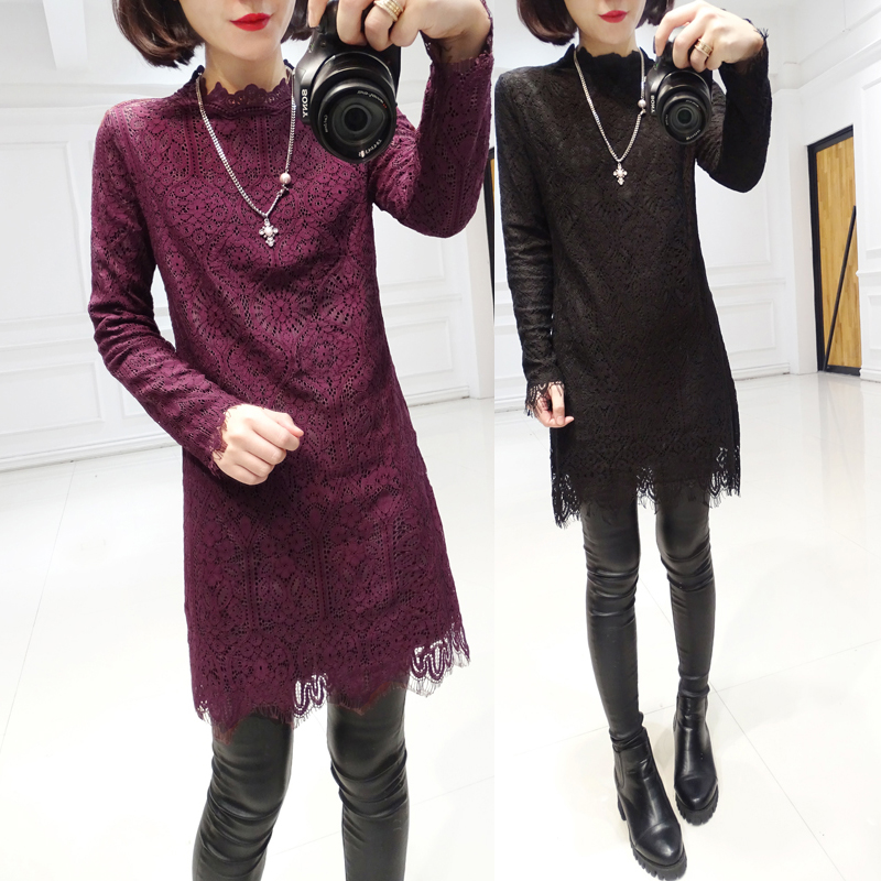 2015冬装新款女装韩版蕾拼接丝钩花加绒加厚蕾丝纯色打底裙连衣裙