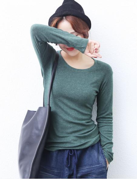 秋季新款韩版修身百搭长袖t恤圆领纯色T恤显瘦打底衫 多色