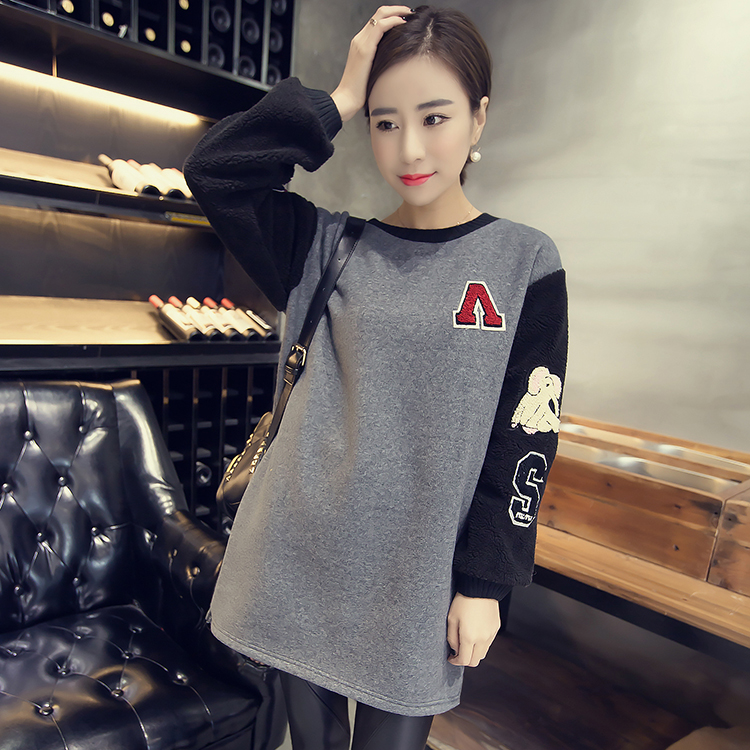 2015冬季新品女装韩版字母纯色拼接加厚上衣加绒百搭绒衫卫衣女款