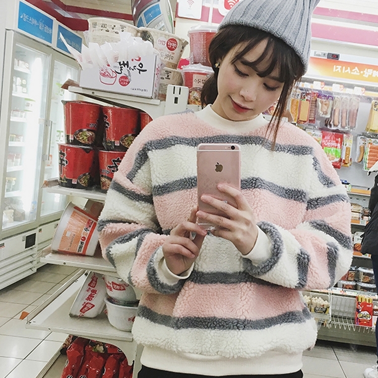2015秋冬新款韩版条纹羊羔套头宽松加绒加厚卫衣