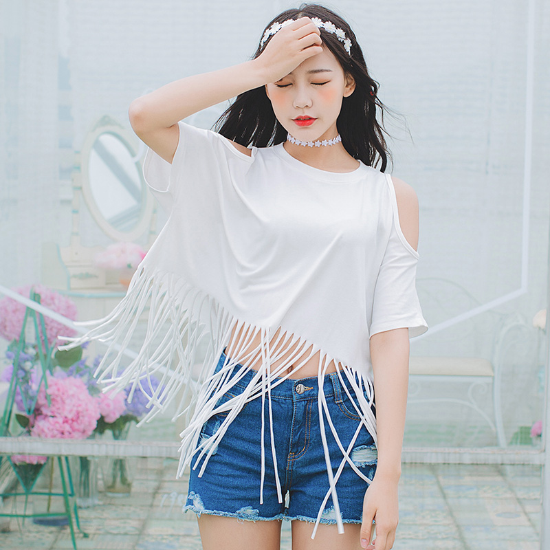 XX117-7127 2016夏装新款韩版女装森女性感原宿风露肩流苏T恤上衣