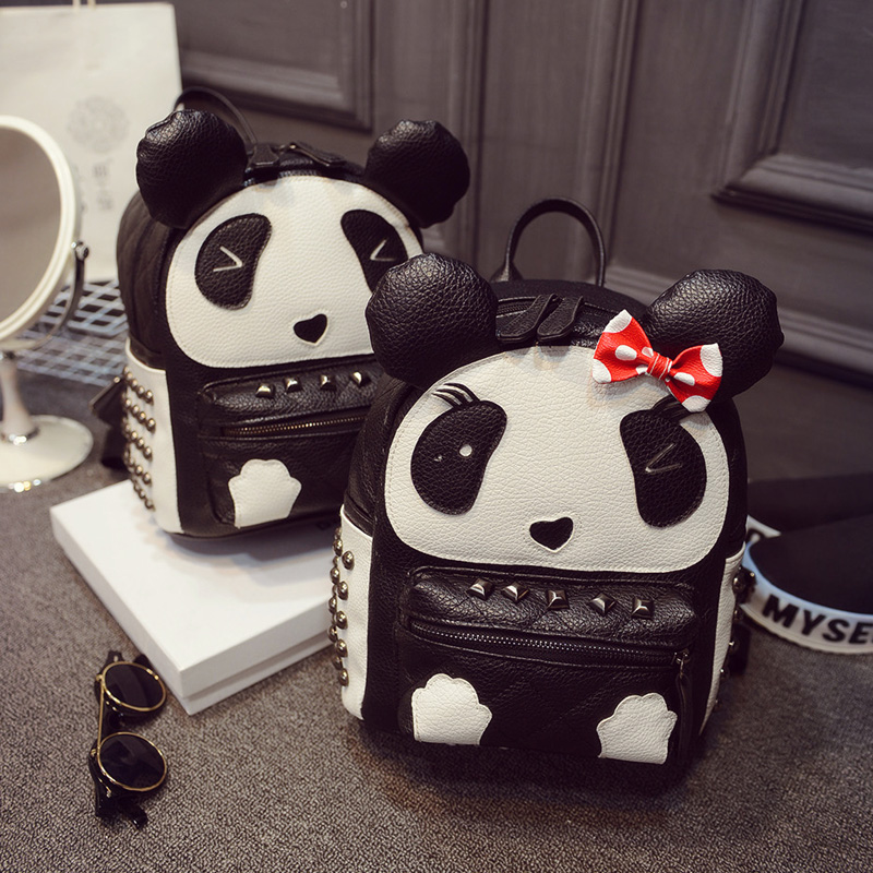 包包女包新款2015熊猫双肩包背包韩版休闲旅行包卡通铆钉学生书包