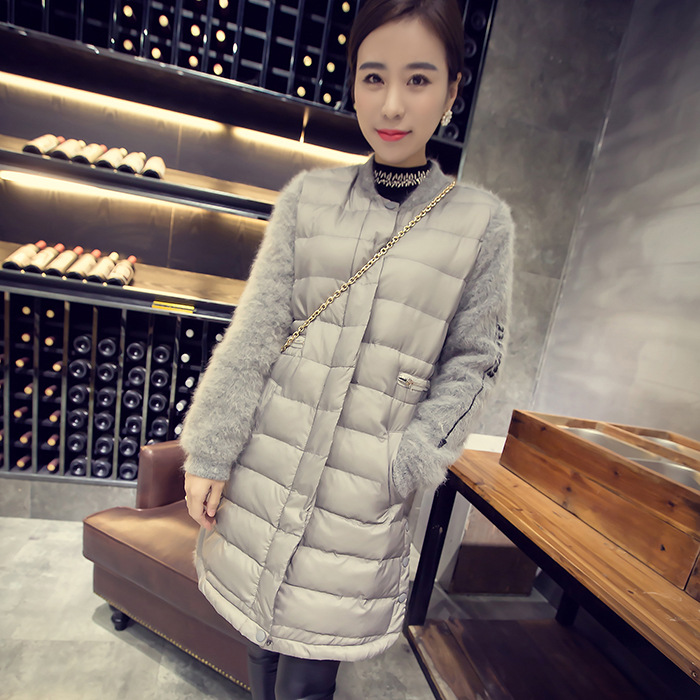 2015冬季新款韩版毛绒长袖拼接棉衣棉服中长款圆领大衣棉外套女