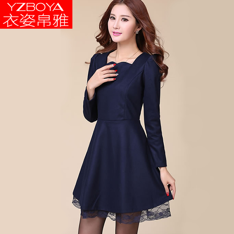 2015秋季新款韩版女装修身显瘦气质大码冬季加厚长袖毛呢连衣裙子