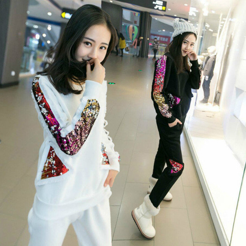 2016春季新款韩版时尚套装女装修身显瘦亮片卫衣两件套休闲运动潮