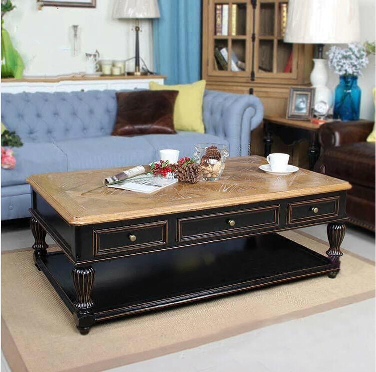 美式小户型咖啡桌宜家客厅长方形茶几橡木储物双层做旧家具整装