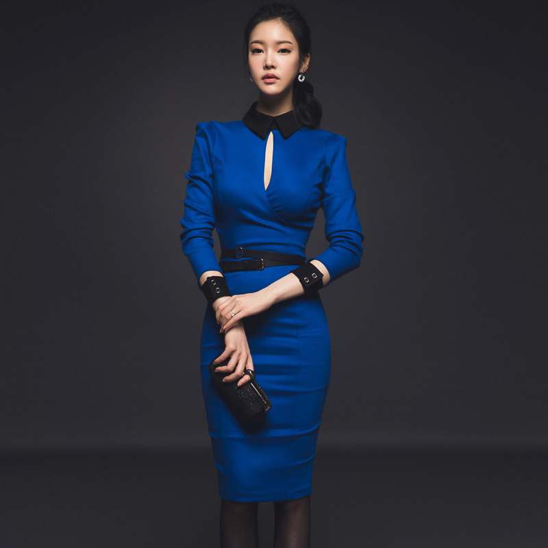 2015韩国秋季新款显瘦长袖包臀连衣裙中长裙高端职业通勤OL风D445