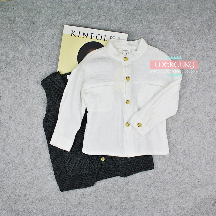 MERCURY|春季韩国文艺男童长袖衬衫立领白色全棉绉布口袋装饰