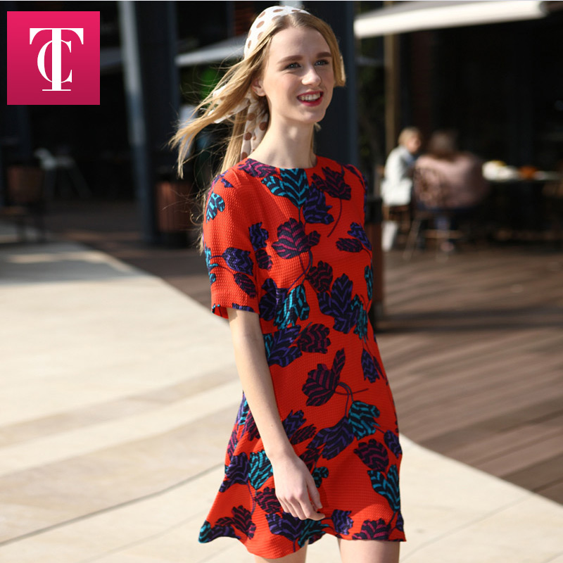 2015春装自主品牌新款中袖文艺红色大花朵棉圆领中长款长袖连衣裙