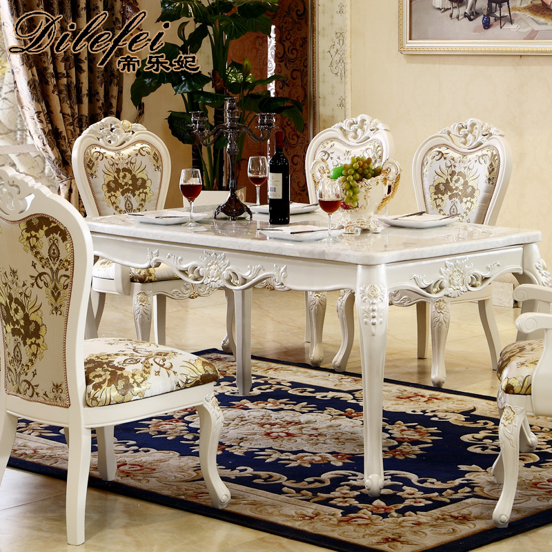 帝乐妃欧式餐桌组合天然大理石餐桌 实木餐桌椅组合 橡木餐桌特价
