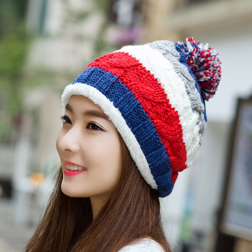 冬季帽子女冬天韩版毛线帽针织帽女士帽子加绒保暖拼色潮款女帽子