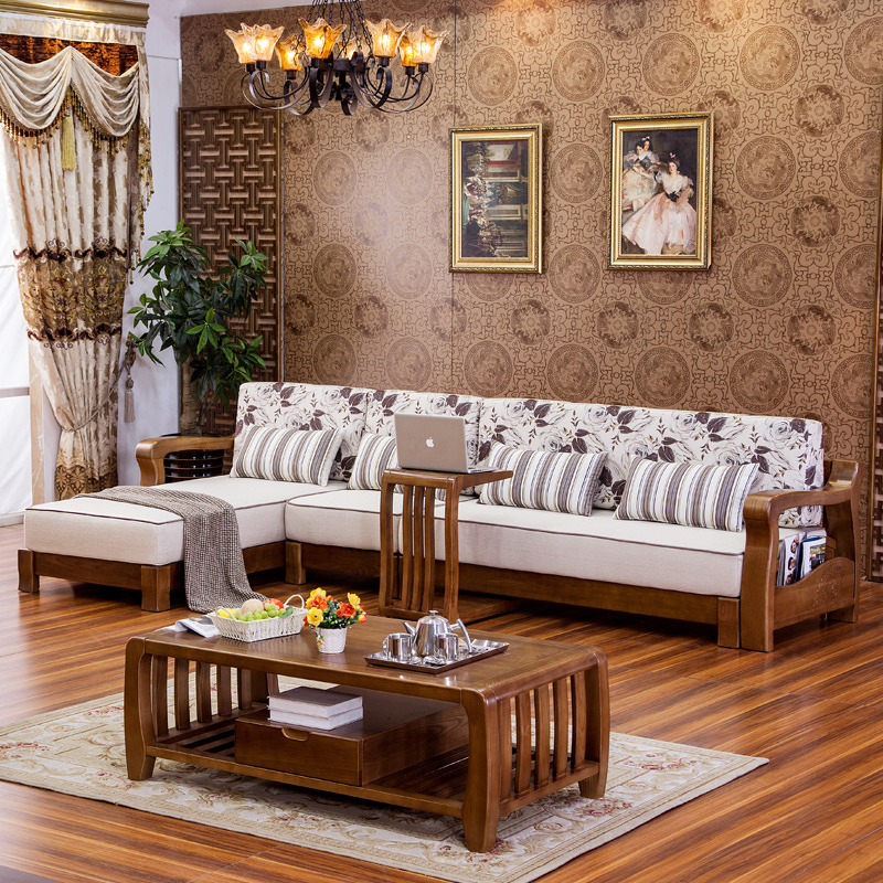 华宜居 新中式实木沙发客厅家具组合贵妃组装转角布艺简约现代