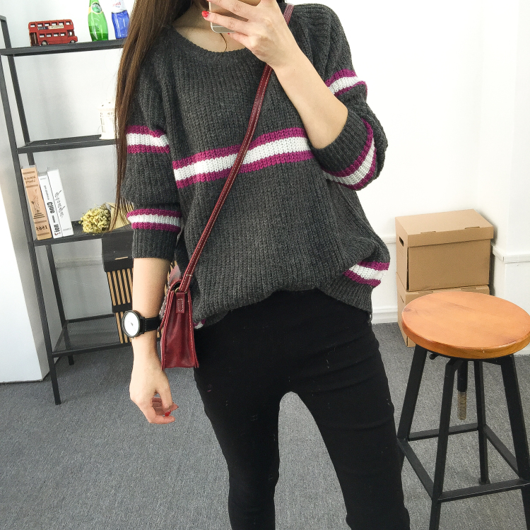 韩版衣舍2015秋装新款女装宽松显瘦条纹套头长袖毛衣NH4632煜
