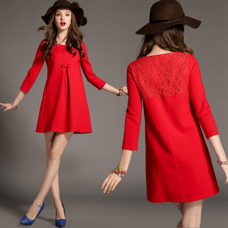 2015新款春装欧美气质新年装大红色加厚七分袖蕾丝拼接短裙连衣裙