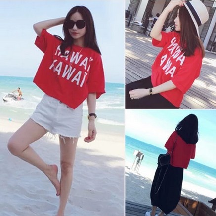 2015夏装新款韩版超百搭正红色短款字母印花圆领宽松短袖t恤女潮