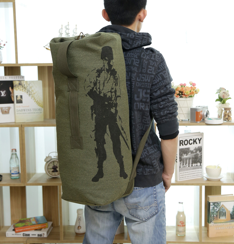 圆筒帆布韩版背包大容量单肩书包男士多功能双肩包旅行水桶行李包