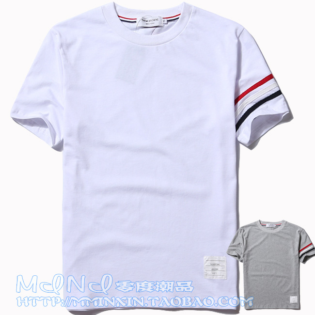2015 THOM 运动条纹三条杠红白蓝织带商务男短袖T恤 browne半袖T