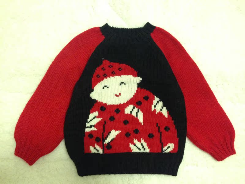 纯手工编织宝宝毛衣中小儿童套头羊毛衫女童男童可爱小胖娃娃图案