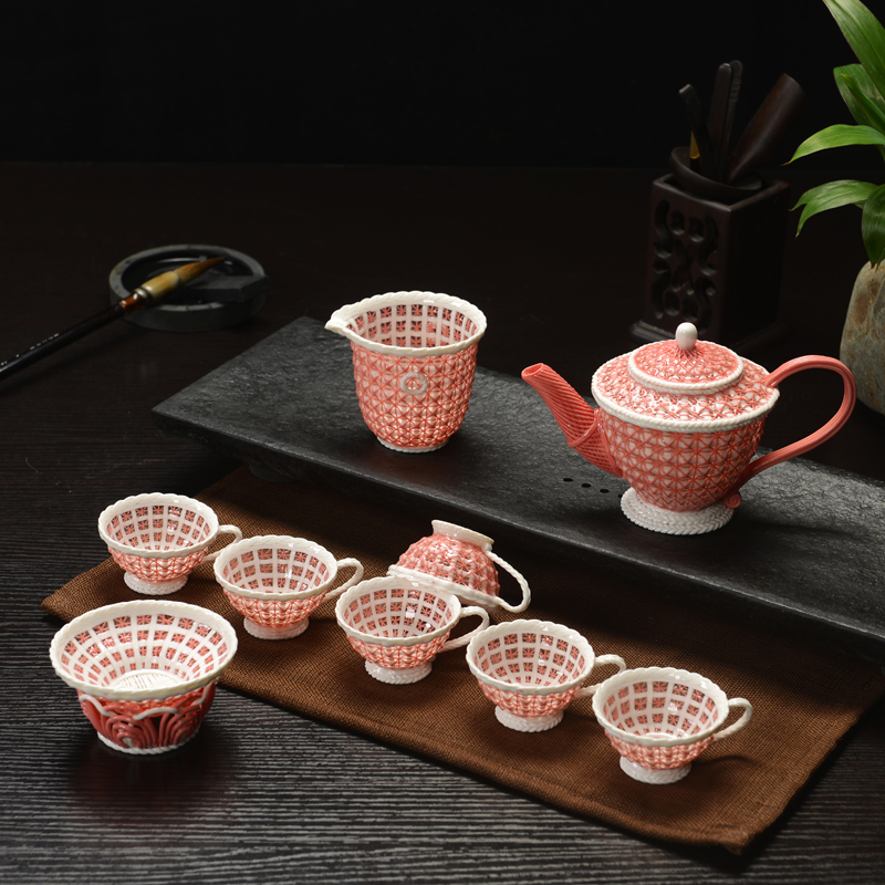 静缘茶具特色送礼茶具纯手工编织红色条纹线条花纹玻璃玲珑茶具