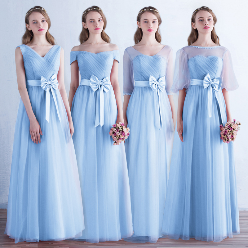 蓝色伴娘礼服2016新款秋季长款姐妹裙一字肩修身伴娘团短款连衣裙