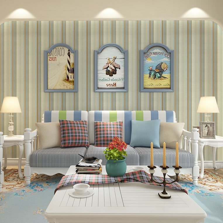 长沙百花 地中海蓝色条纹客厅背景墙纸 现代简约绿色卧室壁纸