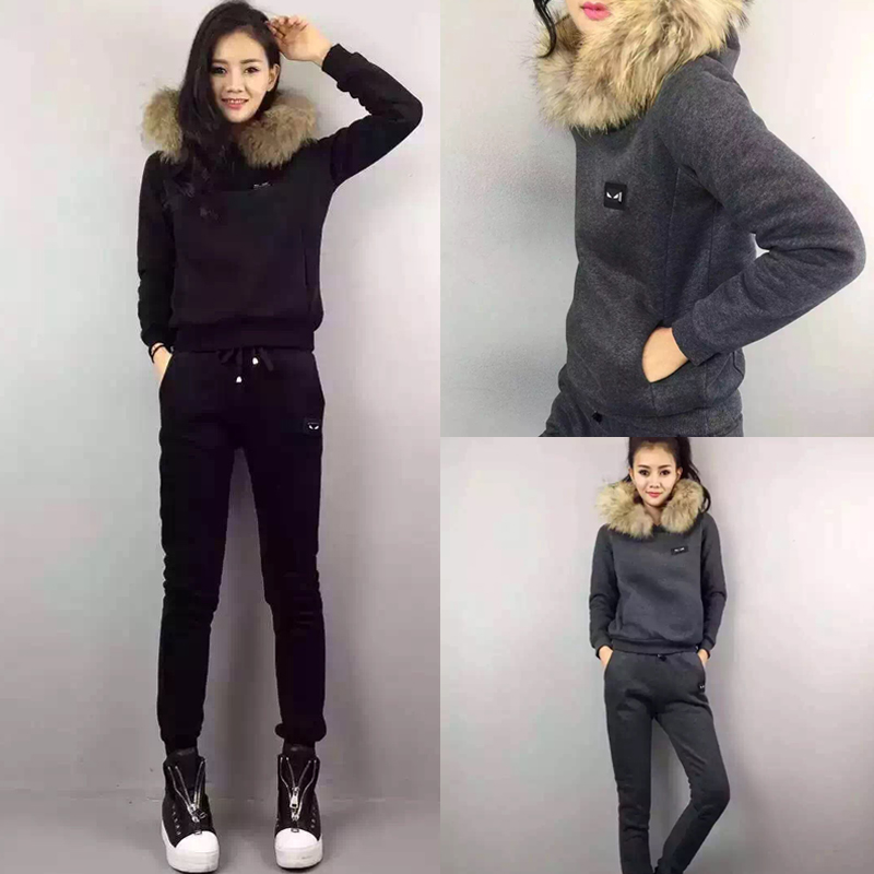 2015冬季新款时尚女装加绒加厚两件套毛领卫衣休闲连帽运动套装潮