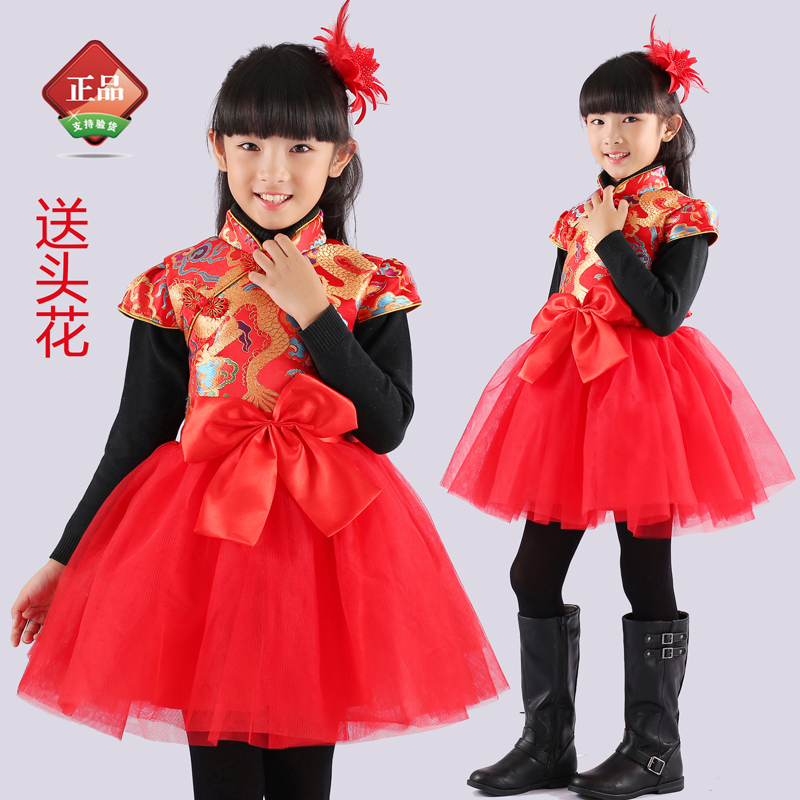 新款中国风儿童唐装旗袍纱裙连衣裙表演女童古筝演出服装新年冬装