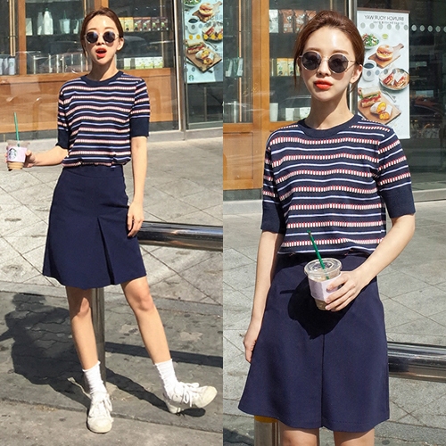 2016夏季新款韩国小香学院风条纹修身显瘦时尚两件套包臀短裙女潮