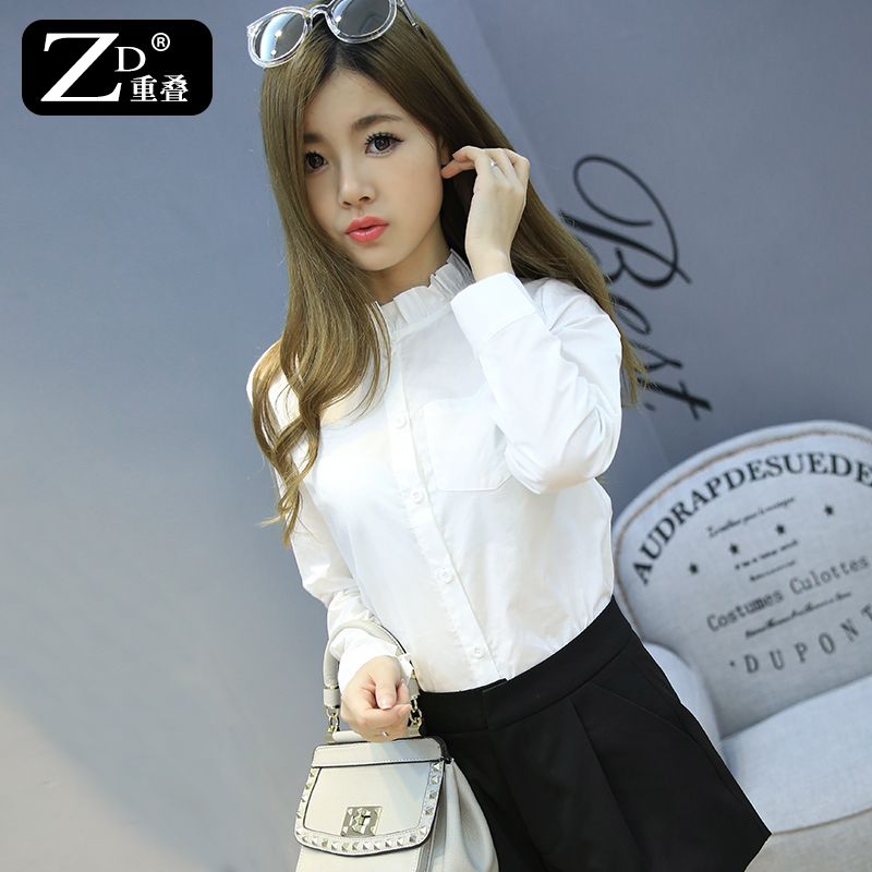 重叠衬衫女2015秋装新款韩版长袖花瓣领白衬衫女立领韩范学生衬衣
