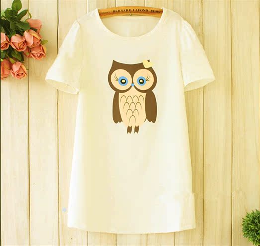 2016新款韩版孕妇装夏雪纺衫宽松短袖上衣猫头鹰图案大码T恤