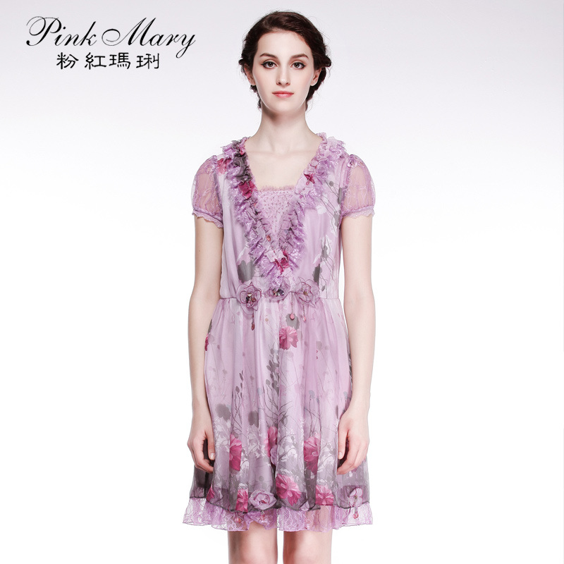 Pink Mary粉红玛琍 专柜正品通勤蕾丝拼接印花连衣裙子PMAB65070