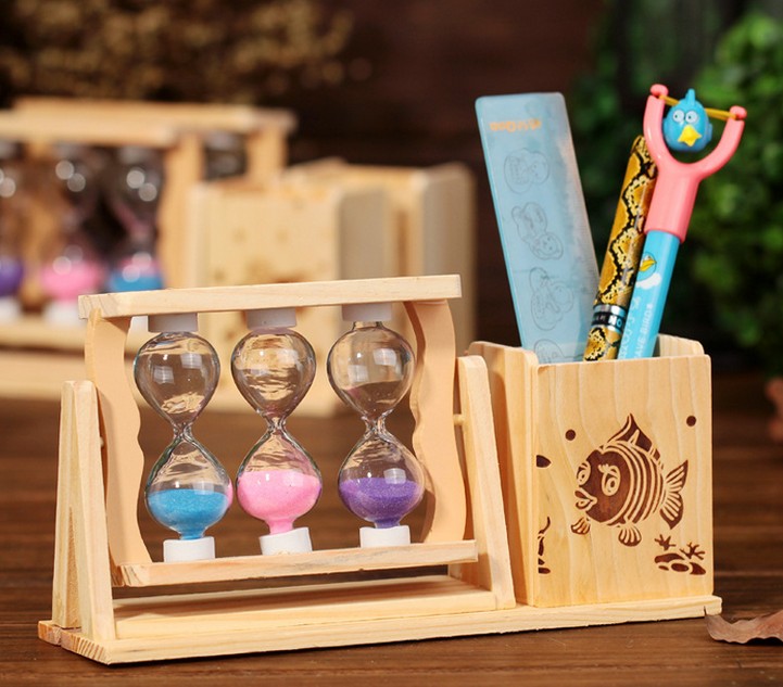 特价 2015时尚 3个流沙笔筒，木质办公礼品 玻璃瓶木制笔插 礼品