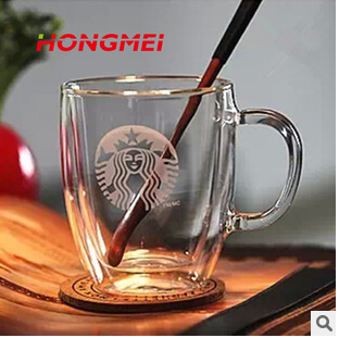 星巴克杯子 创意水杯 耐热双层咖啡杯 玻璃杯带盖杯子配勺