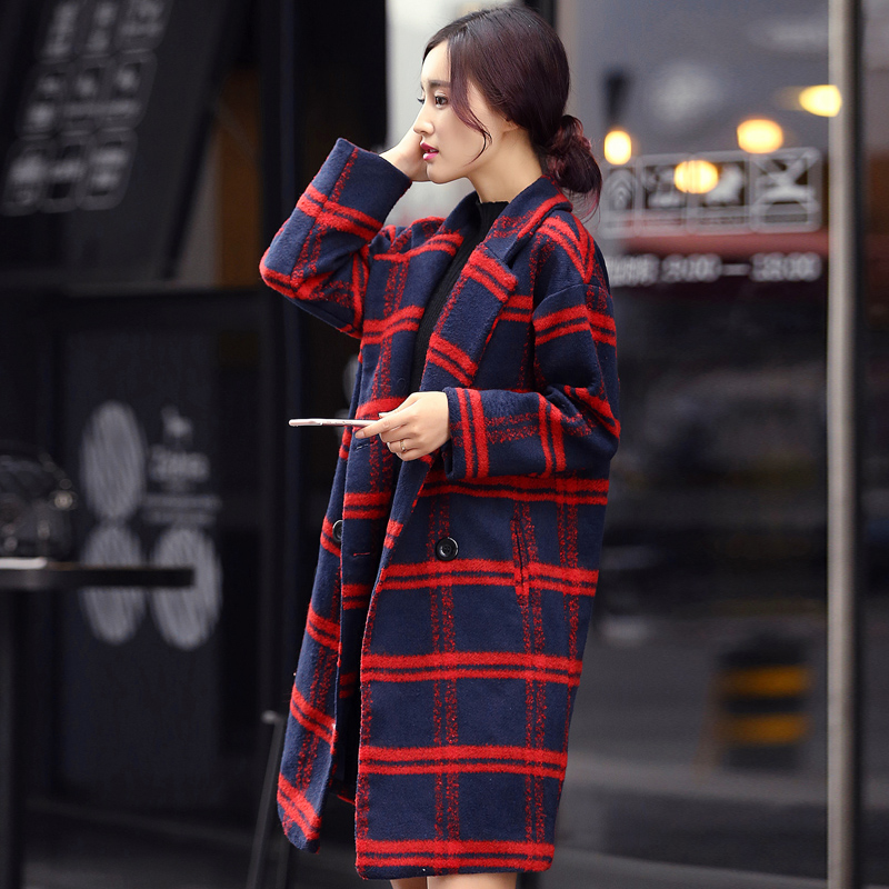 2015秋冬新款韩版中长款格子毛呢大衣女装长毛呢子外套女式外衣潮