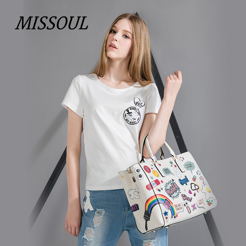 Missoul米素2016夏季新款贴布绣花圆领白色T恤