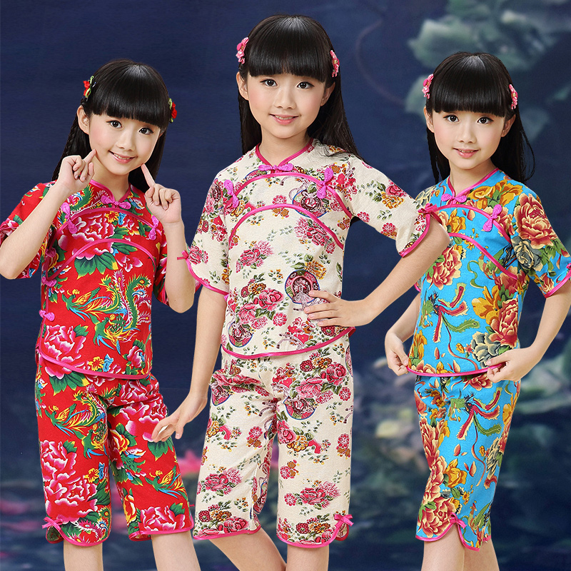 幼儿园女童夏季棉麻两件套装 民族风演出服 儿童夏季舞台表演服