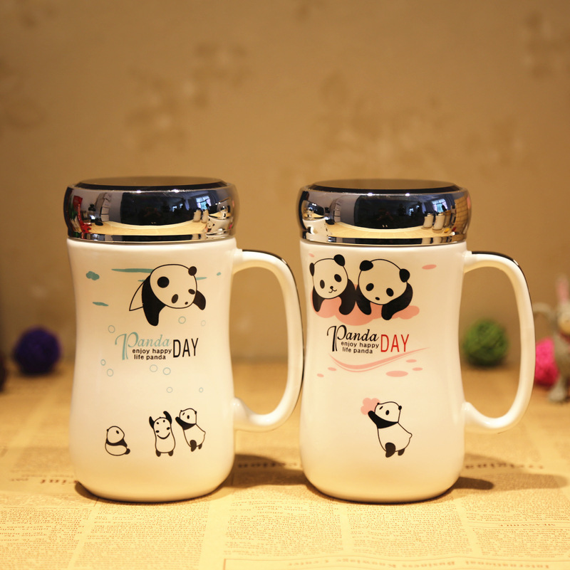 创意带盖马克杯可爱熊猫办公室陶瓷杯牛奶咖啡杯女学生情侣水杯子