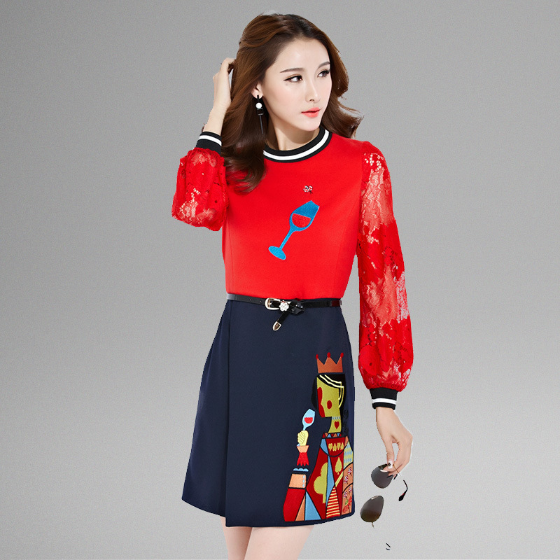 韩版假两件百搭灯笼长袖包臂印花连衣裙2016秋季新款蕾丝卡通短裙