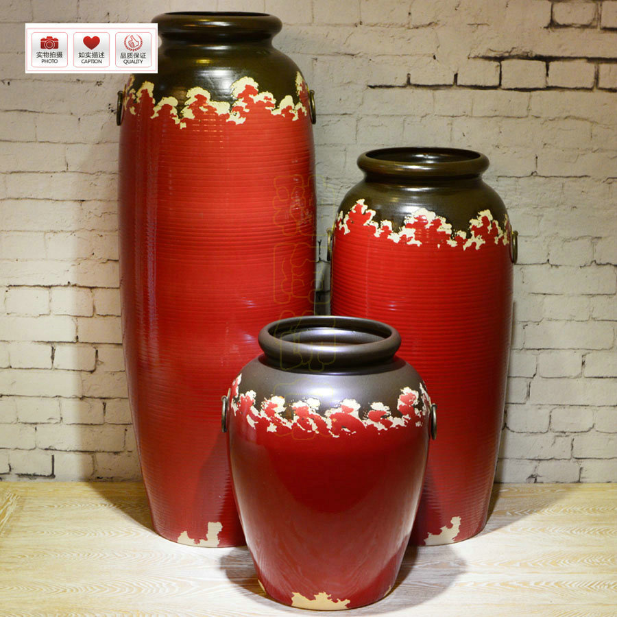 人气中国风上黑下红色釉陶罐土陶摆件大花瓶别墅庭院家居软装饰品