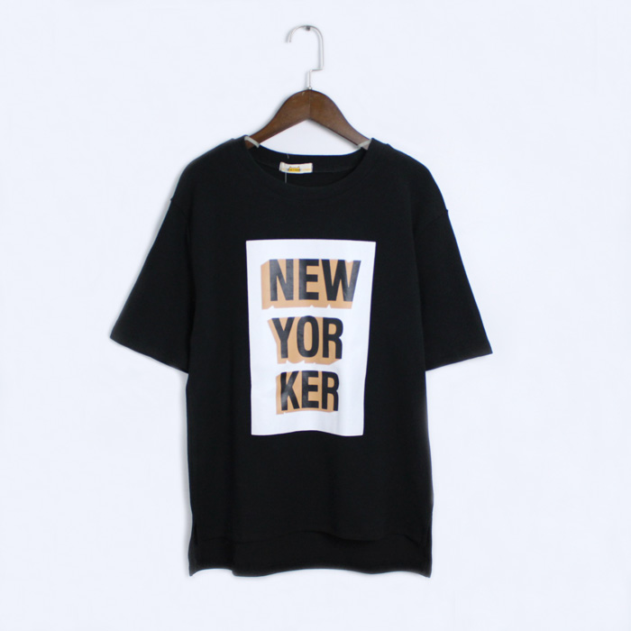 2016春夏韩版女装百搭宽松显瘦NEW YORKER字母前短后长短袖T恤女